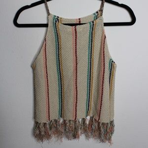 COCO & Jaimeson Beige Colorfull Stripped Fringe Open Weave Neck Knit Tan…